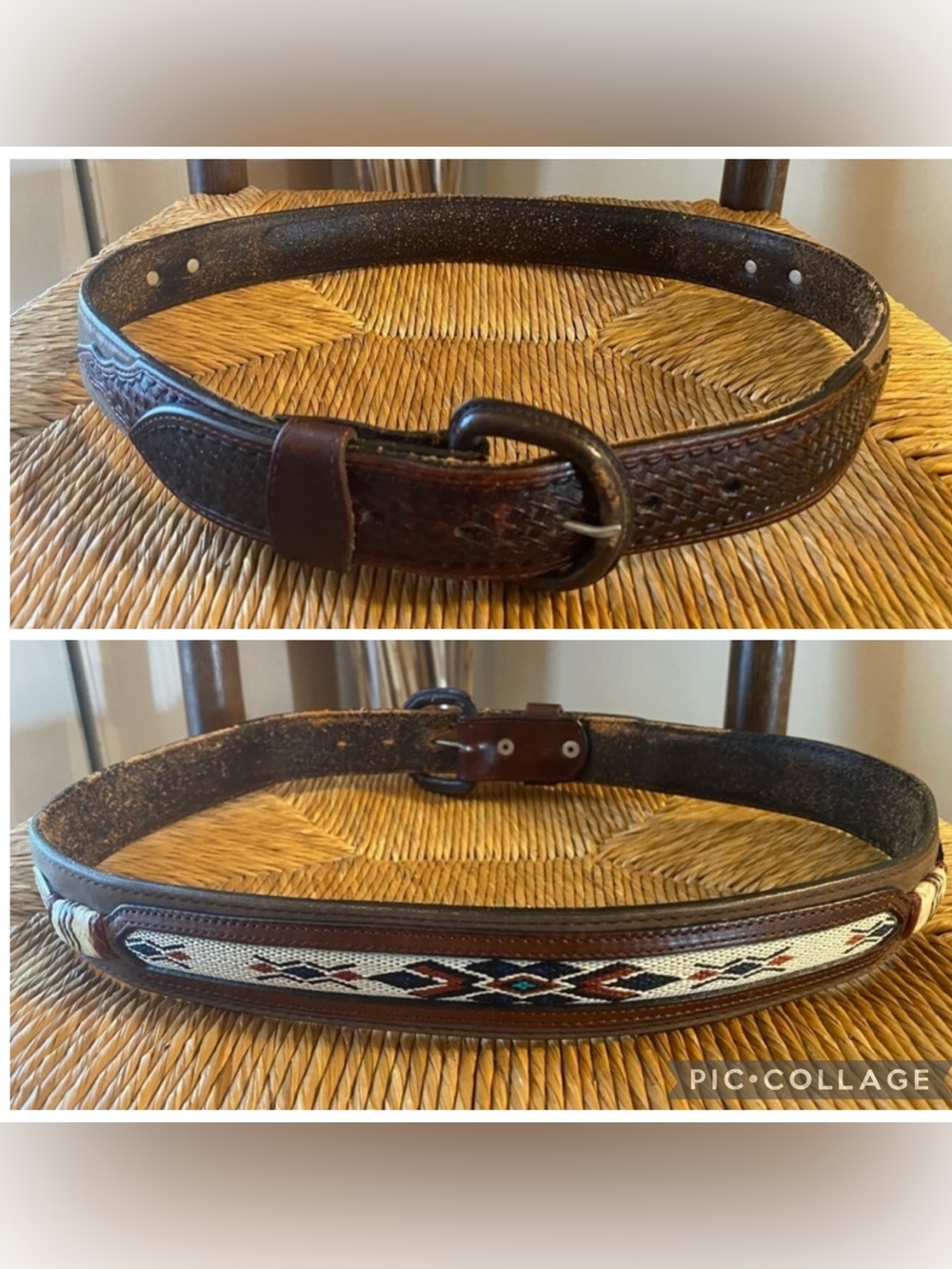 Vintage Mexico Tooled Leather Horsehair Woven Western Cowboy Belt 36
